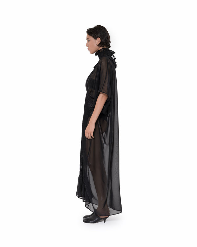 ÉTHER BLACK SILK COATED CHIFFON PLEATED WIDE-SHOULDER MAXI DRESS