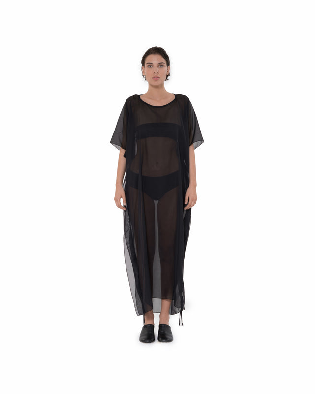 ÉTHER BLACK CHIFFON LONG ADJUSTABLE EMBROIDERED DRESS