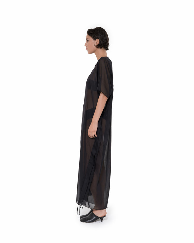 ÉTHER BLACK CHIFFON LONG ADJUSTABLE EMBROIDERED DRESS