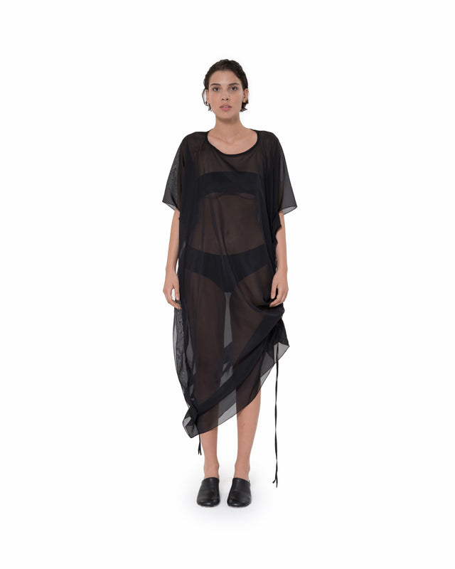ÉTHER Black CHIFFON LONG ADJUSTABLE EMBROIDERED DRESS L