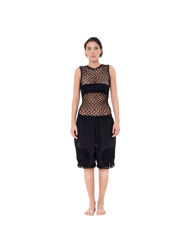 ÉTHER CROCHET-ELEMENT JERSEY BLACK SHORTS