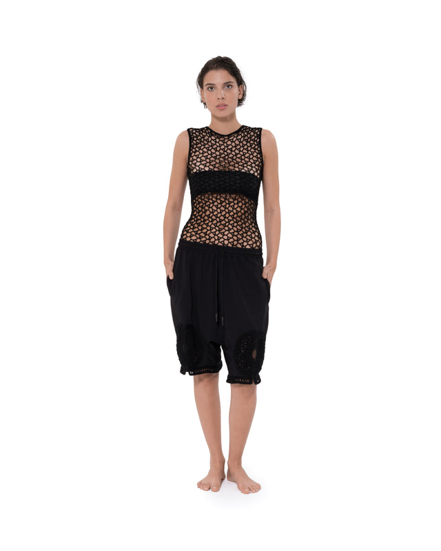ÉTHER CROCHET-ELEMENT JERSEY BLACK SHORTS