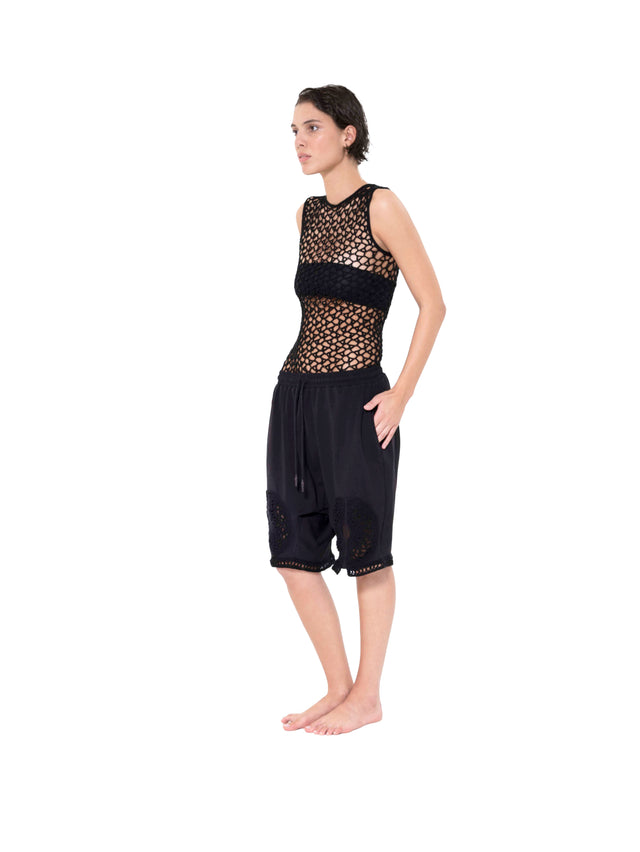 ÉTHER CROCHET-ELEMENT JERSEY BLACK SHORTS
