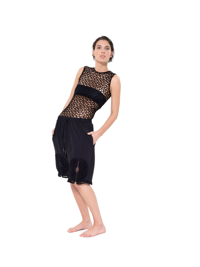ÉTHER CROCHET-ELEMENT JERSEY BLACK SHORTS