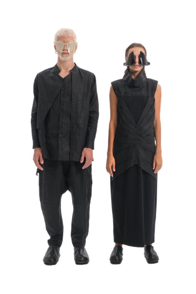 EARS TO EAR(TH) BLACK ASYMMETRIC LINEN LAYERED SHIRT