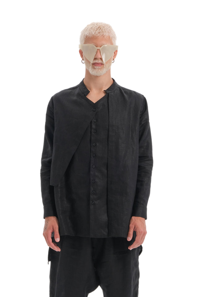 EARS TO EAR(TH) BLACK ASYMMETRIC LINEN LAYERED SHIRT