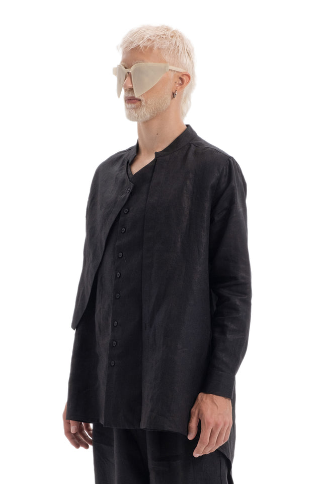 EARS TO EAR(TH) BLACK ASYMMETRIC LINEN LAYERED SHIRT