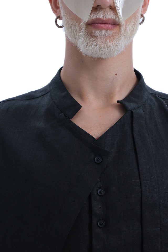 EARS TO EAR(TH) BLACK ASYMMETRIC LINEN LAYERED SHIRT