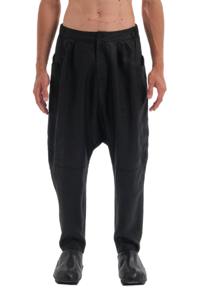 EARS TO EAR(TH)  BLACK LINEN DROP-CROTCH PANTS WITH POCKET EARS