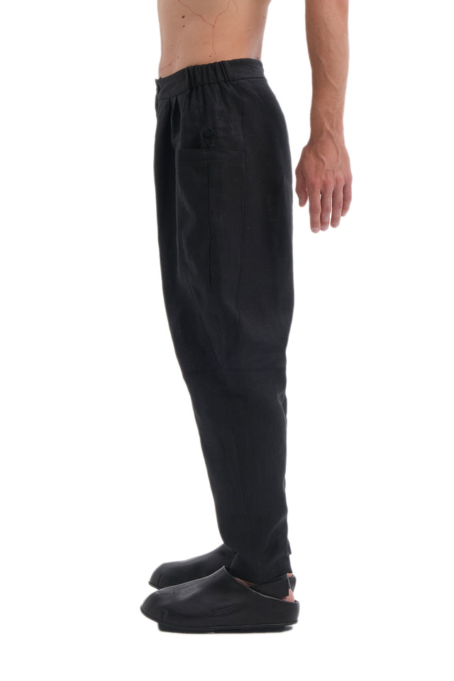 EARS TO EAR(TH)  BLACK LINEN DROP-CROTCH PANTS WITH POCKET EARS