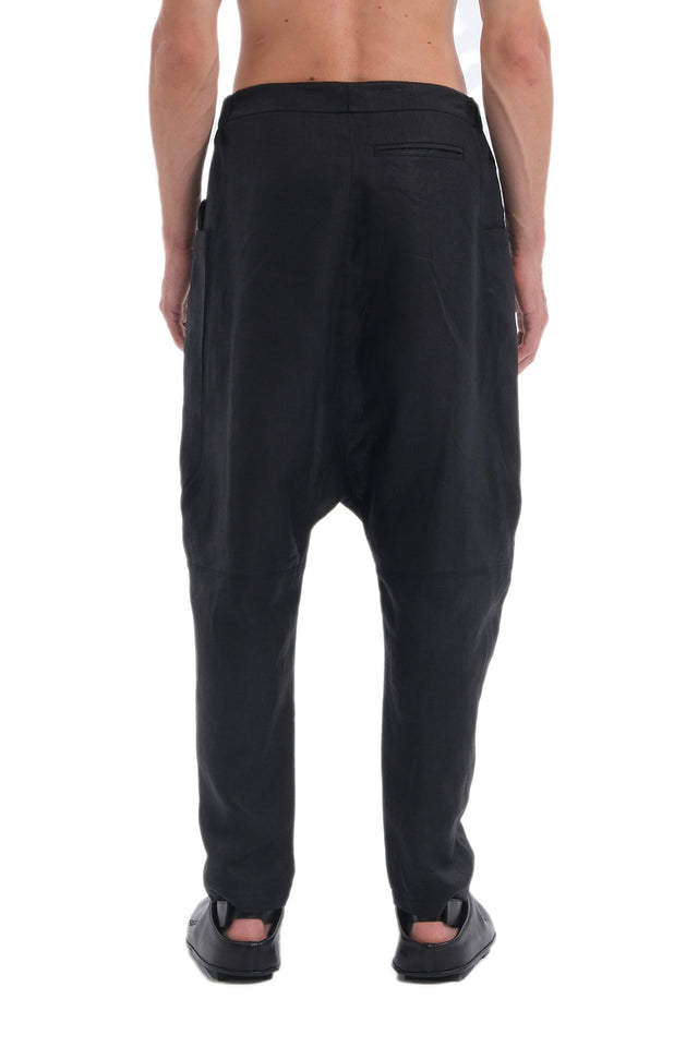 EARS TO EAR(TH)  BLACK LINEN DROP-CROTCH PANTS WITH POCKET EARS