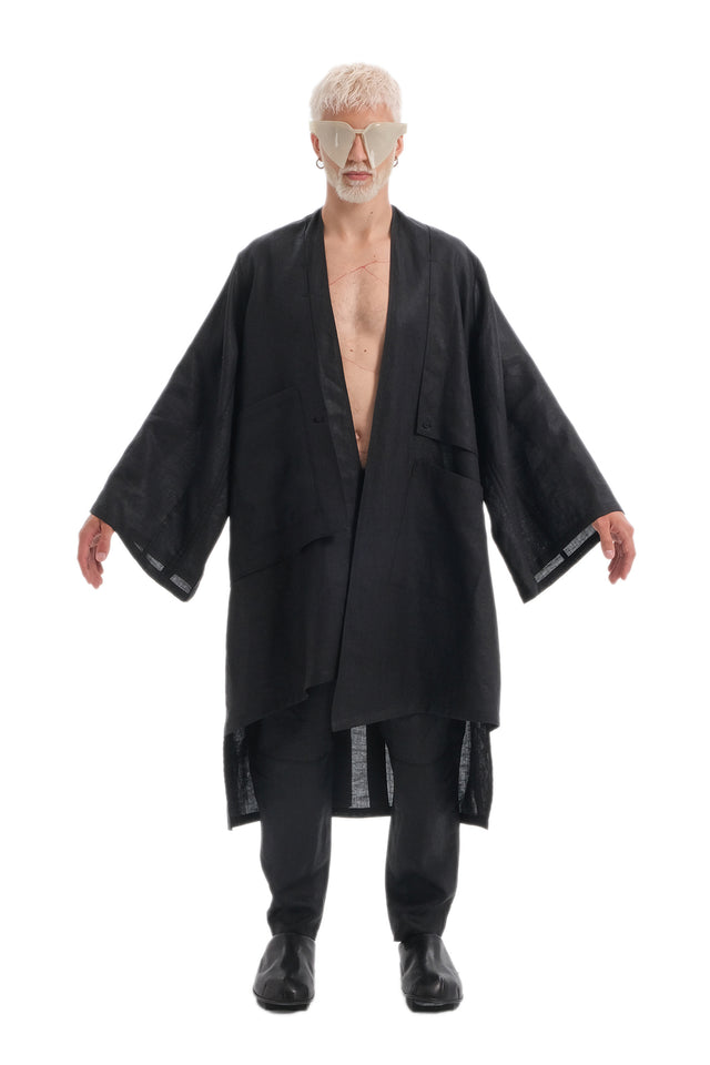 EARS TO EAR(TH) OVERSIZED BLACK LINEN KIMONO JACKET