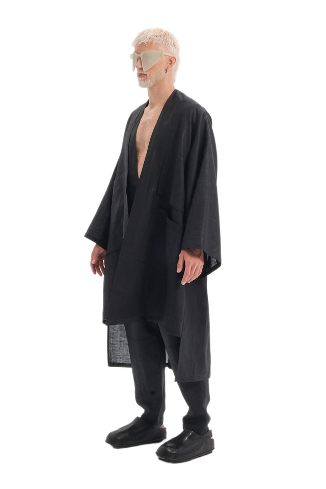 EARS TO EAR(TH) OVERSIZED BLACK LINEN KIMONO JACKET