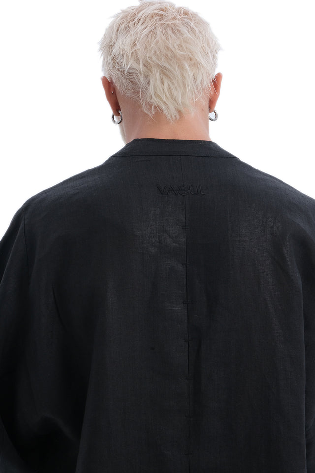 EARS TO EAR(TH) OVERSIZED BLACK LINEN KIMONO JACKET