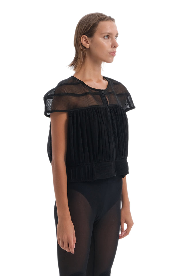 EARS TO EAR(TH) PLEATED MESH BLACK CROP TOP