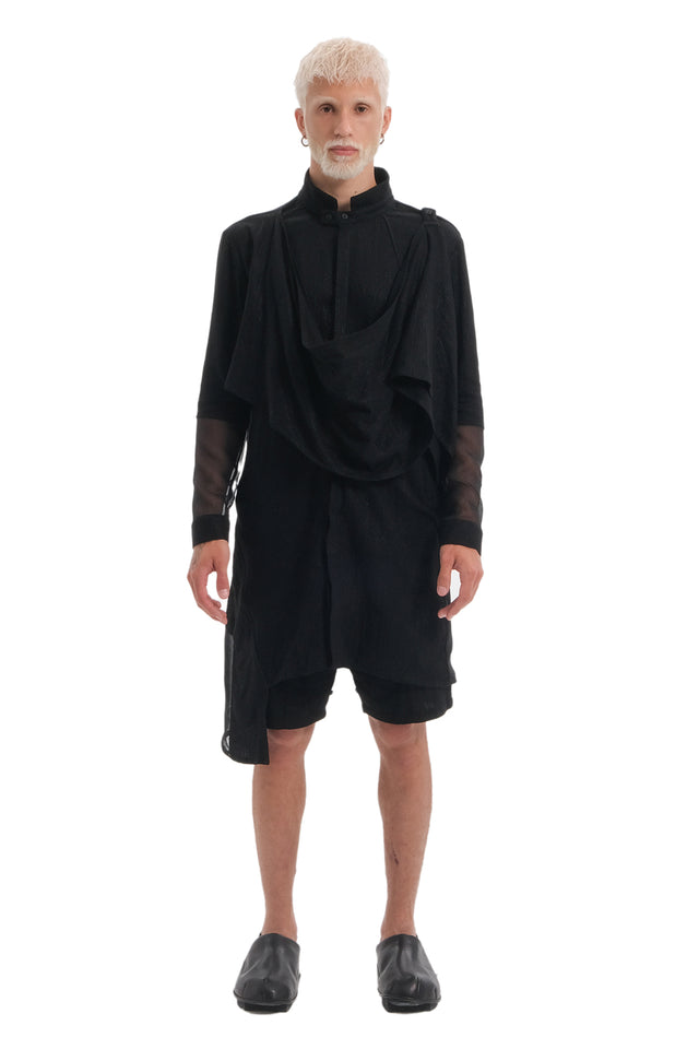 EARS TO EAR(TH) BLACK DRAPED BUTTON-UP SHIRT