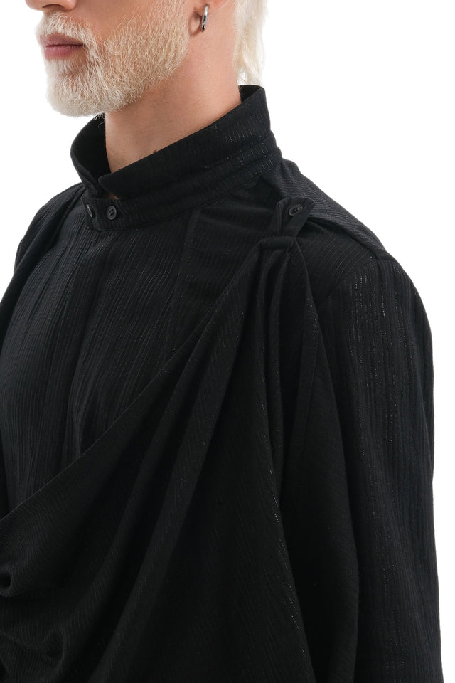 EARS TO EAR(TH) BLACK DRAPED BUTTON-UP SHIRT