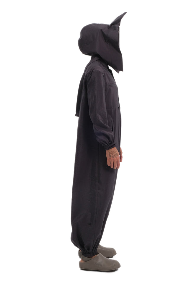 EARS TO EAR(TH) DARK GREY HOODED JUMPSUIT WITH RABBIT EARS