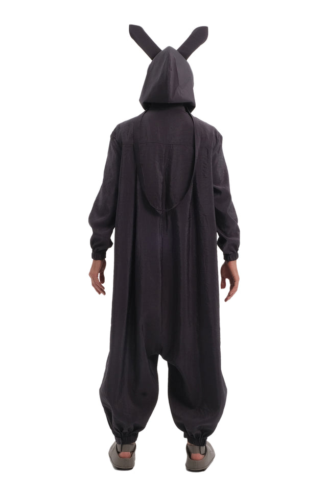 EARS TO EAR(TH) DARK GREY HOODED JUMPSUIT WITH RABBIT EARS