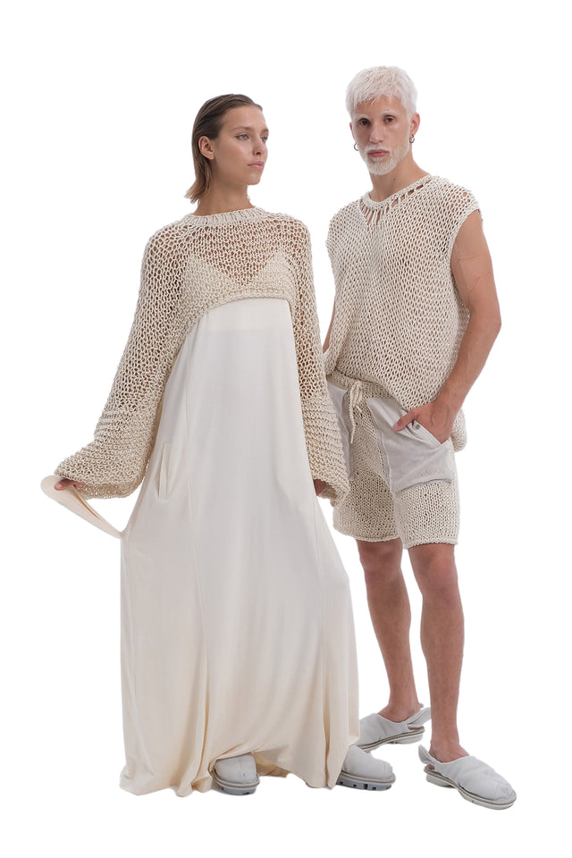 EARS TO EAR(TH) BEIGE LOW-CROTCH HAND-KNITTED SHEER SHORTS