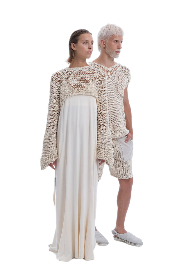 EARS TO EAR(TH) BEIGE HAND-KNITTED OPEN WEAVE CROP TOP