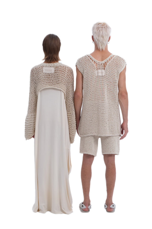 EARS TO EAR(TH) BEIGE SLEEVELESS HAND-KNITTED SHEER TANK TOP