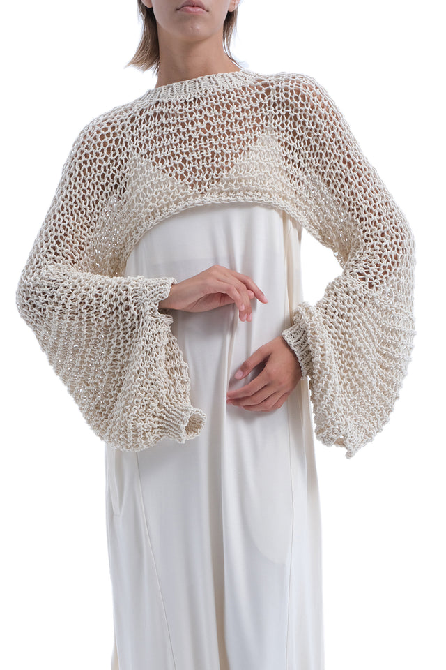 EARS TO EAR(TH) BEIGE HAND-KNITTED OPEN WEAVE CROP TOP