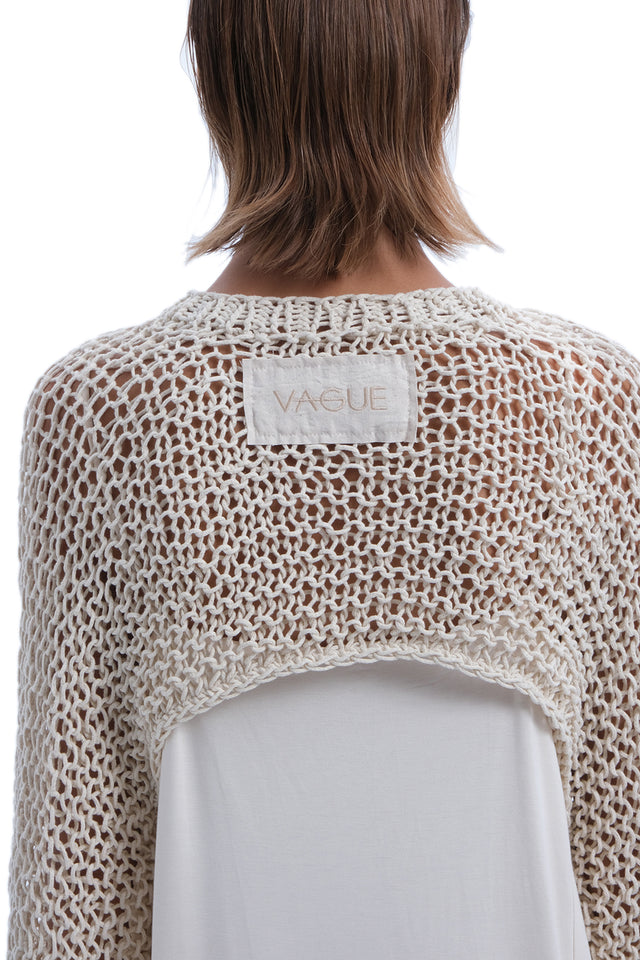 EARS TO EAR(TH) BEIGE HAND-KNITTED OPEN WEAVE CROP TOP