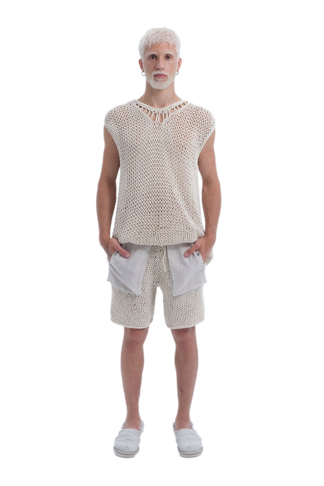 EARS TO EAR(TH) BEIGE LOW-CROTCH HAND-KNITTED SHEER SHORTS