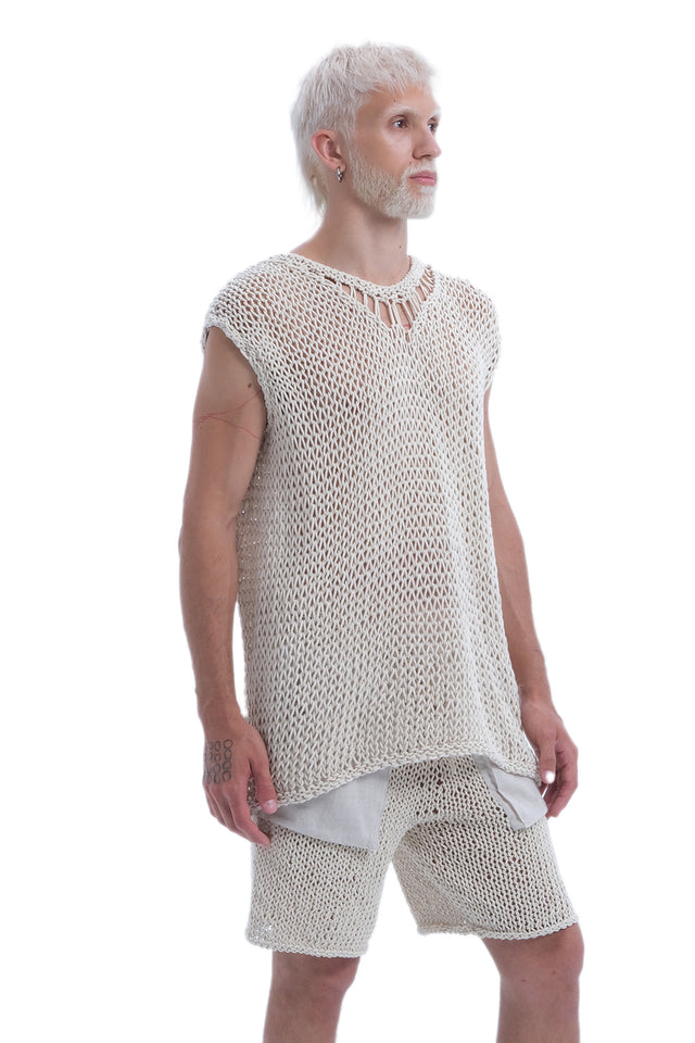 EARS TO EAR(TH) BEIGE SLEEVELESS HAND-KNITTED SHEER TANK TOP