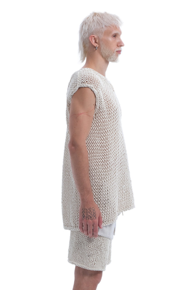 EARS TO EAR(TH) BEIGE SLEEVELESS HAND-KNITTED SHEER TANK TOP