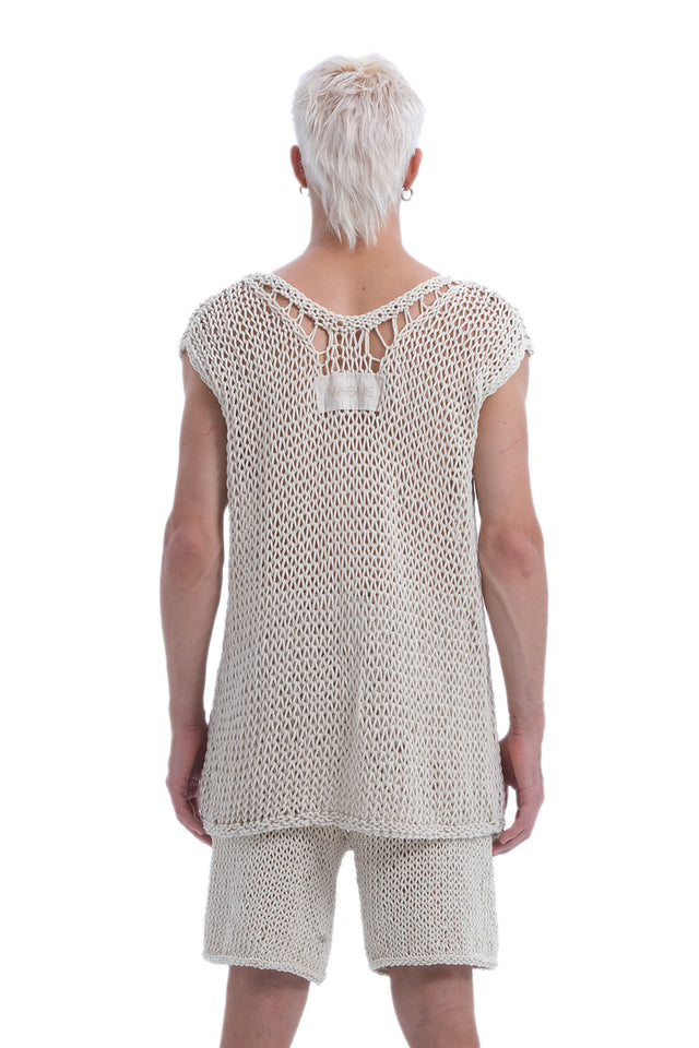 EARS TO EAR(TH) BEIGE SLEEVELESS HAND-KNITTED SHEER TANK TOP