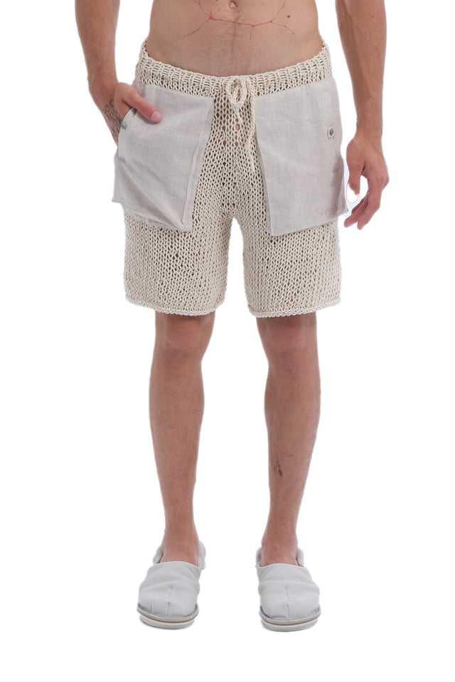 EARS TO EAR(TH) BEIGE LOW-CROTCH HAND-KNITTED SHEER SHORTS