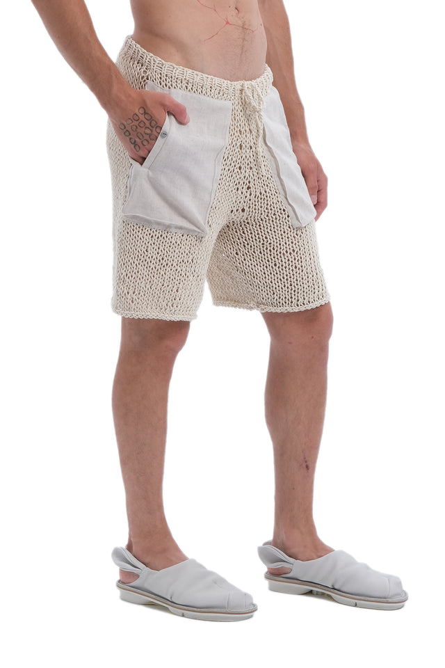 EARS TO EAR(TH) BEIGE LOW-CROTCH HAND-KNITTED SHEER SHORTS