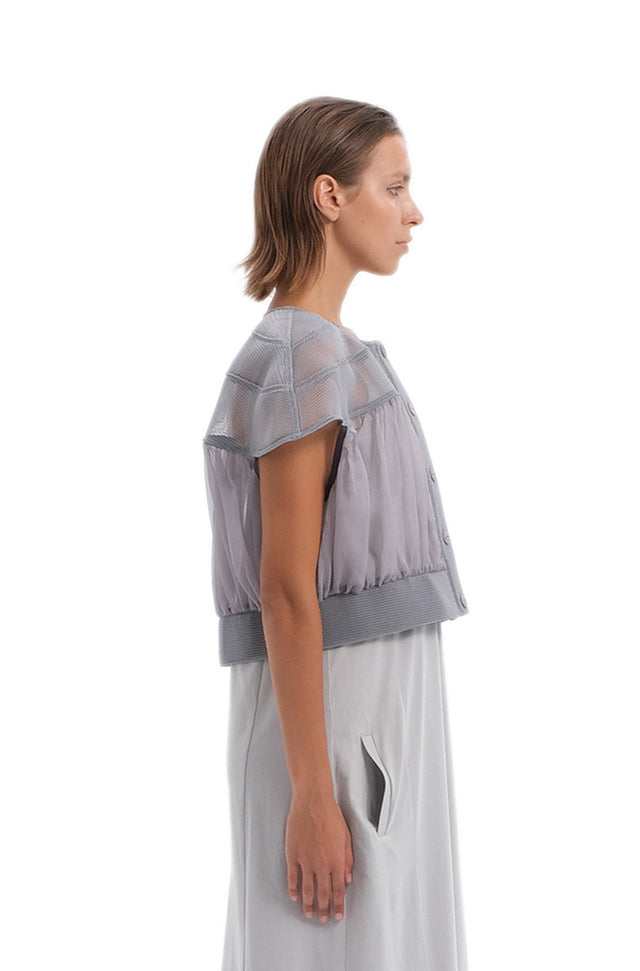 EARS TO EAR(TH) PLEATED MESH GRAY CROP TOP