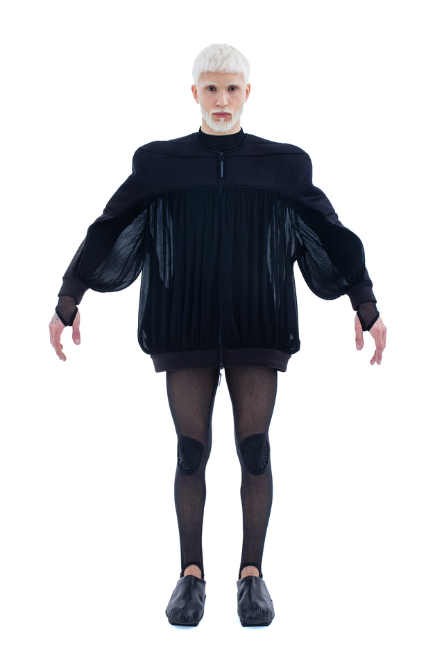 RUN(A)WAY OVERSIZED SEMI-SHEER CHIFFON AND NEOPRENE ZIP-UP JACKET