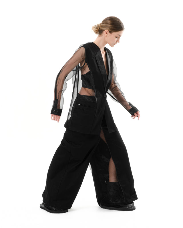 DIAPHANUM TRANSFORMER WIDE LEG ZIP UP TROUSERS