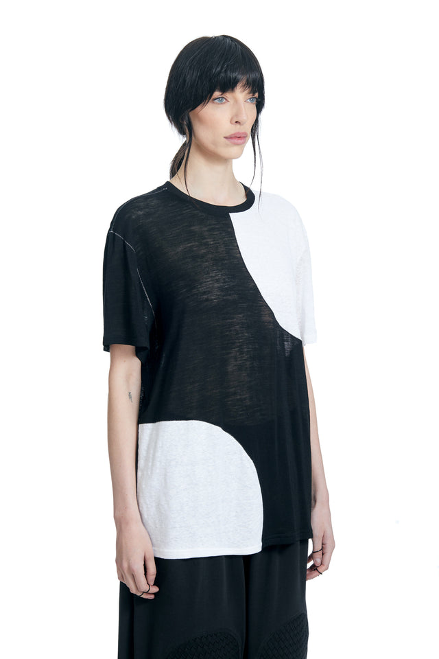 ANICCA BLACK & WHITE KNITTED LINEN SIDE CIRCLES TEE